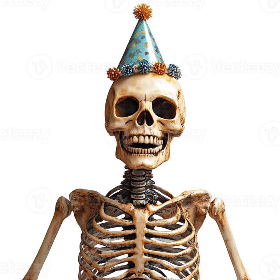 Festive skeleton with a blue party hat and gold polka dots png