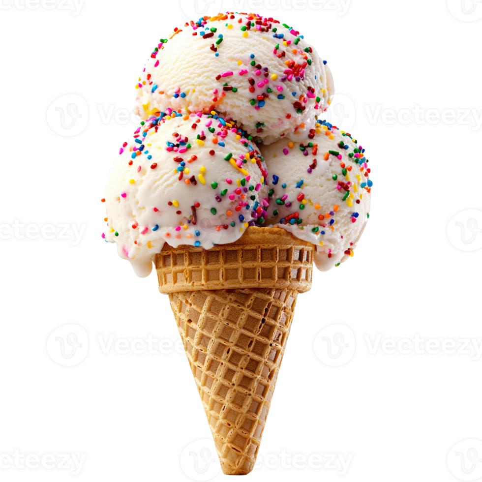 Stacked vanilla ice cream scoops in a crunchy waffle cone png