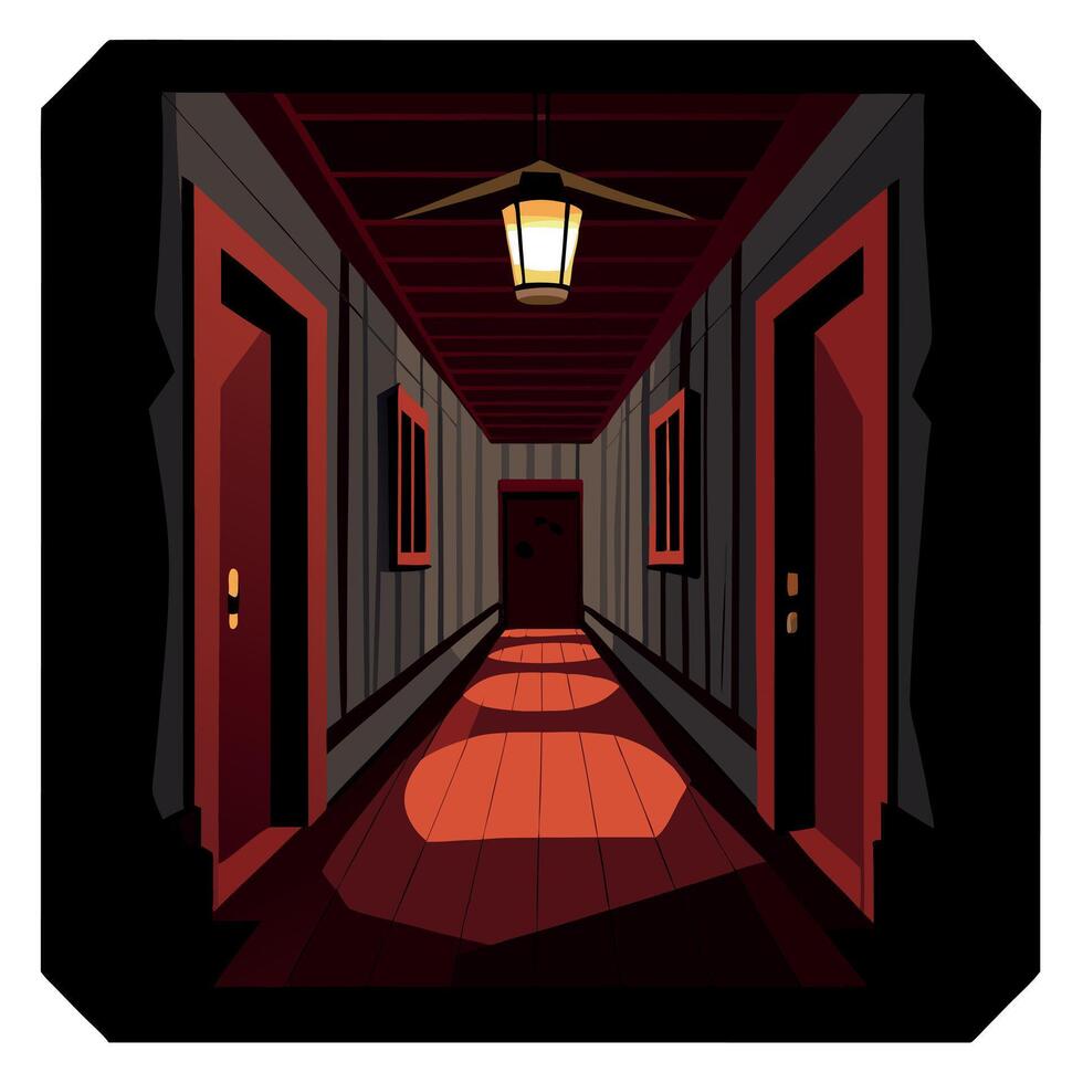A dark hallway with red carpet and a light vector