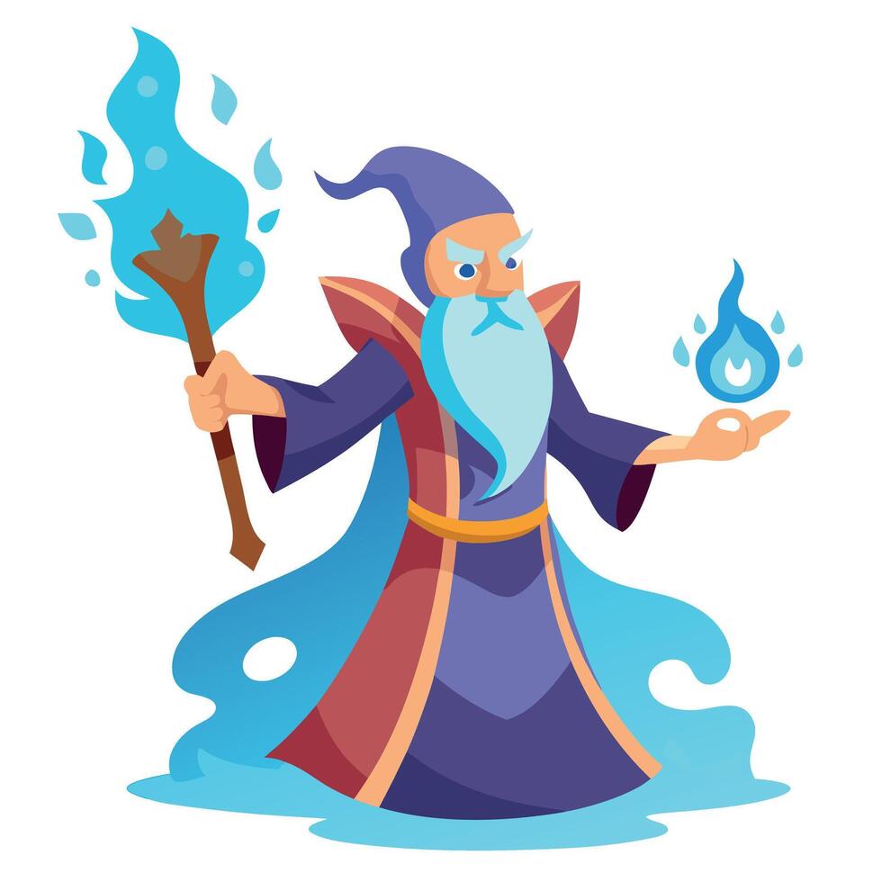 Cartoon wizard with blue flame and staff vector