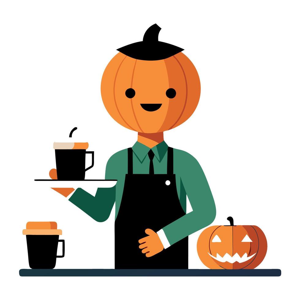 A cartoon pumpkin is holding a cup of coffee vector