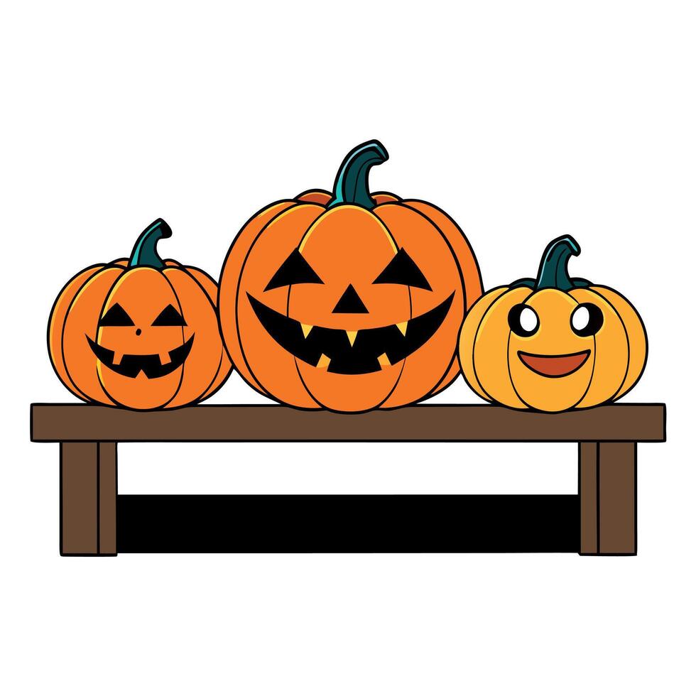 Three pumpkins sitting on a bench with a smiley face vector