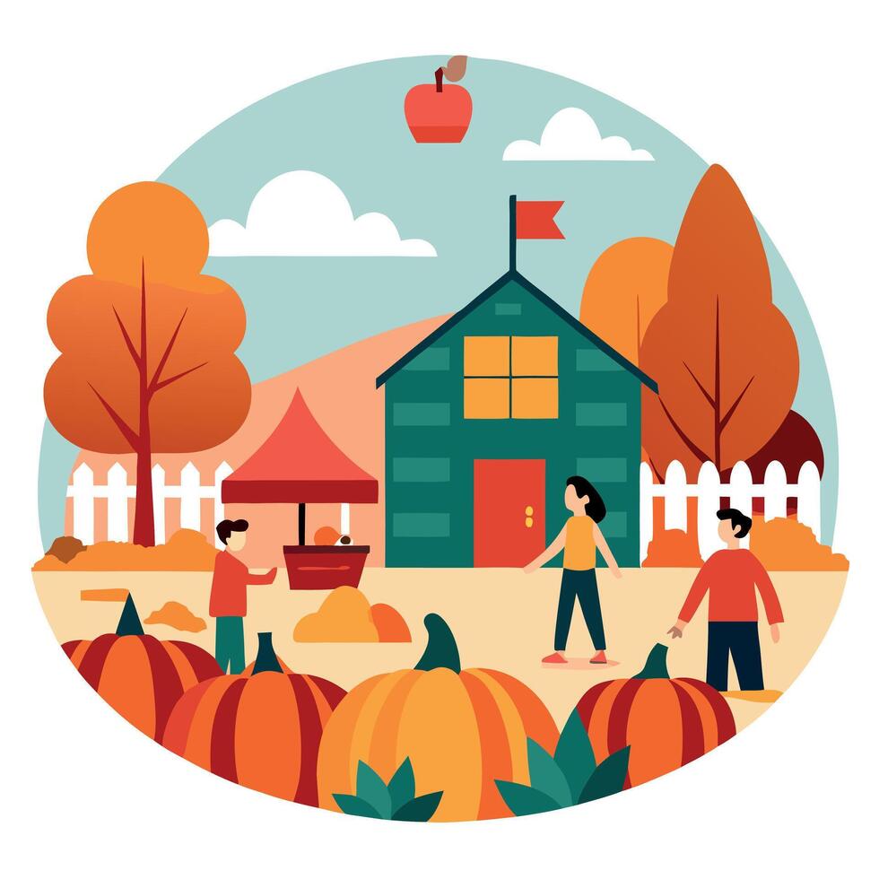 An illustration of people in front of a pumpkin patch vector