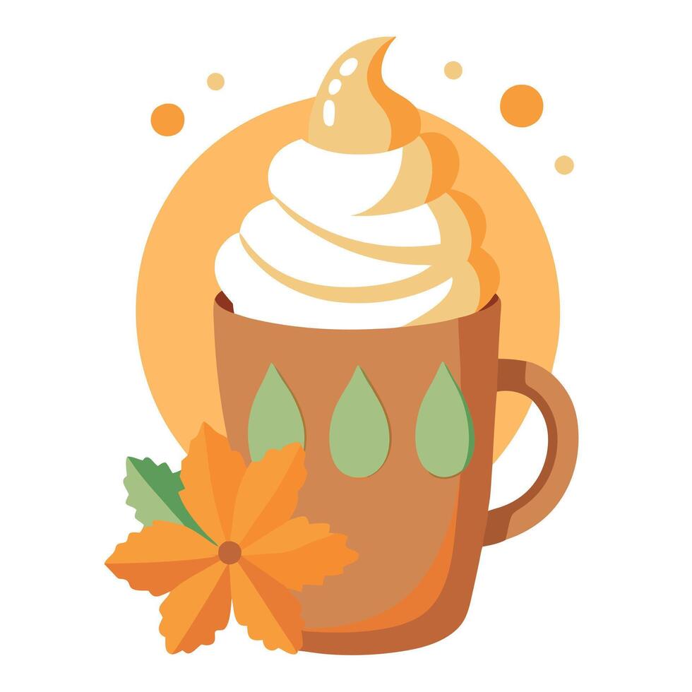 A cup of coffee with whipped cream and leaves vector