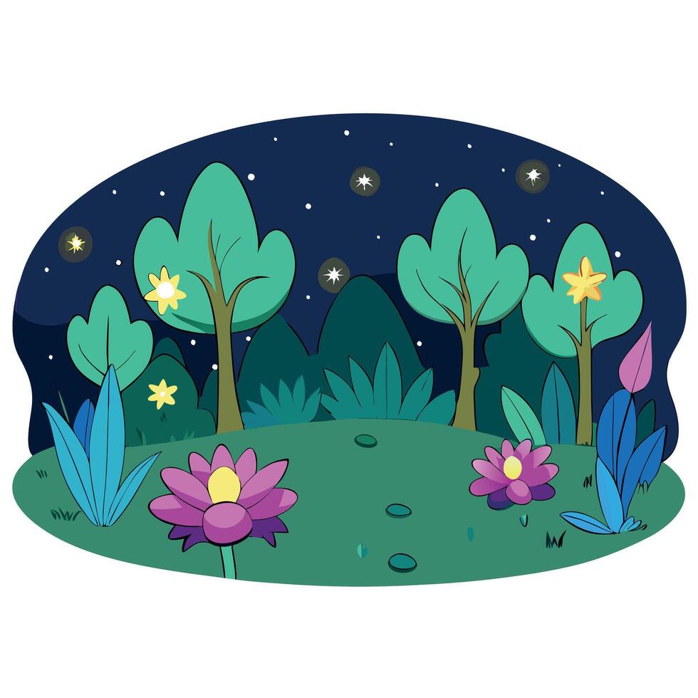 A cartoon scene of a forest with flowers and trees vector