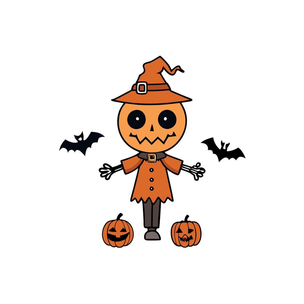 A cartoon pumpkin with a witch hat and bats vector