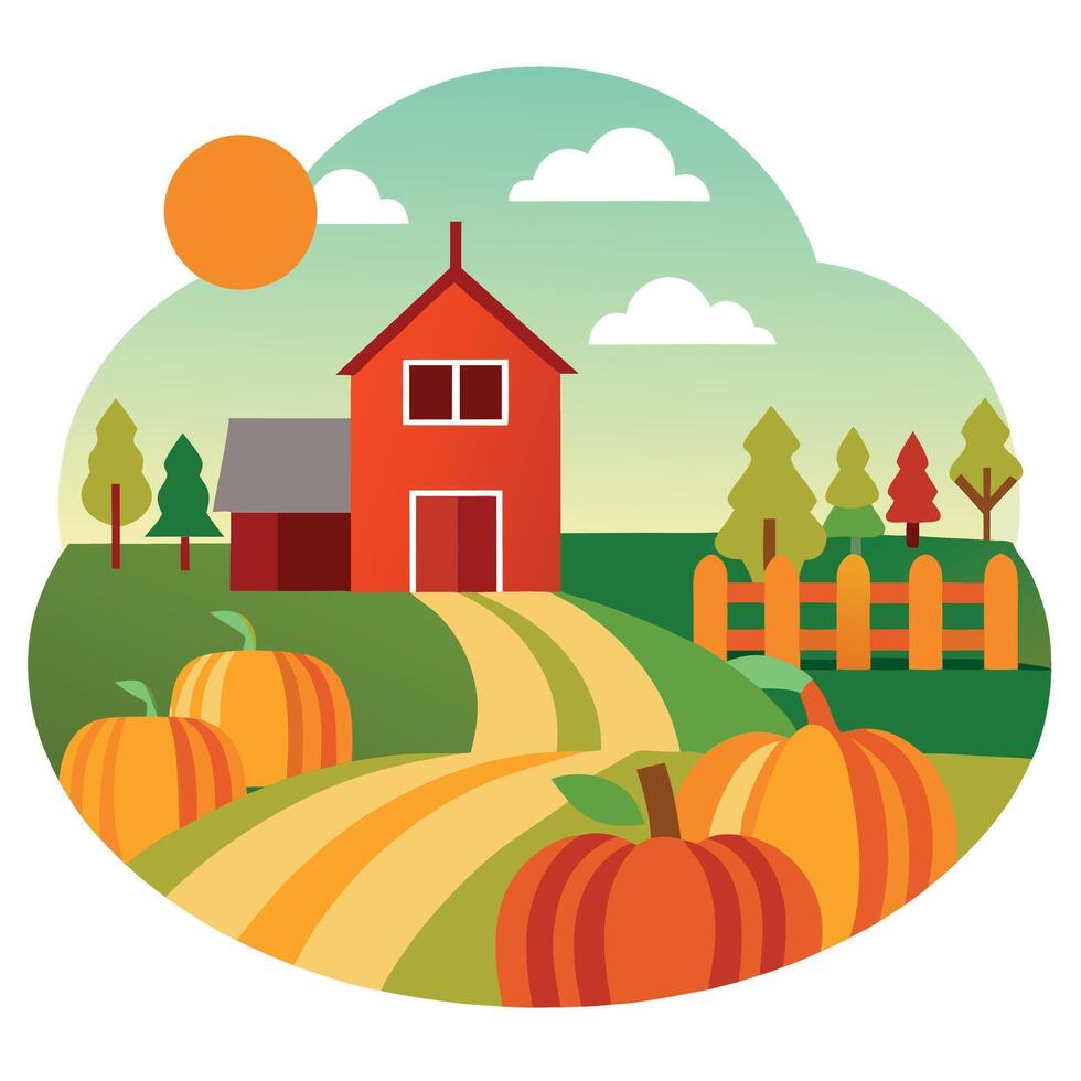 An illustration of a farm with pumpkins and a house vector