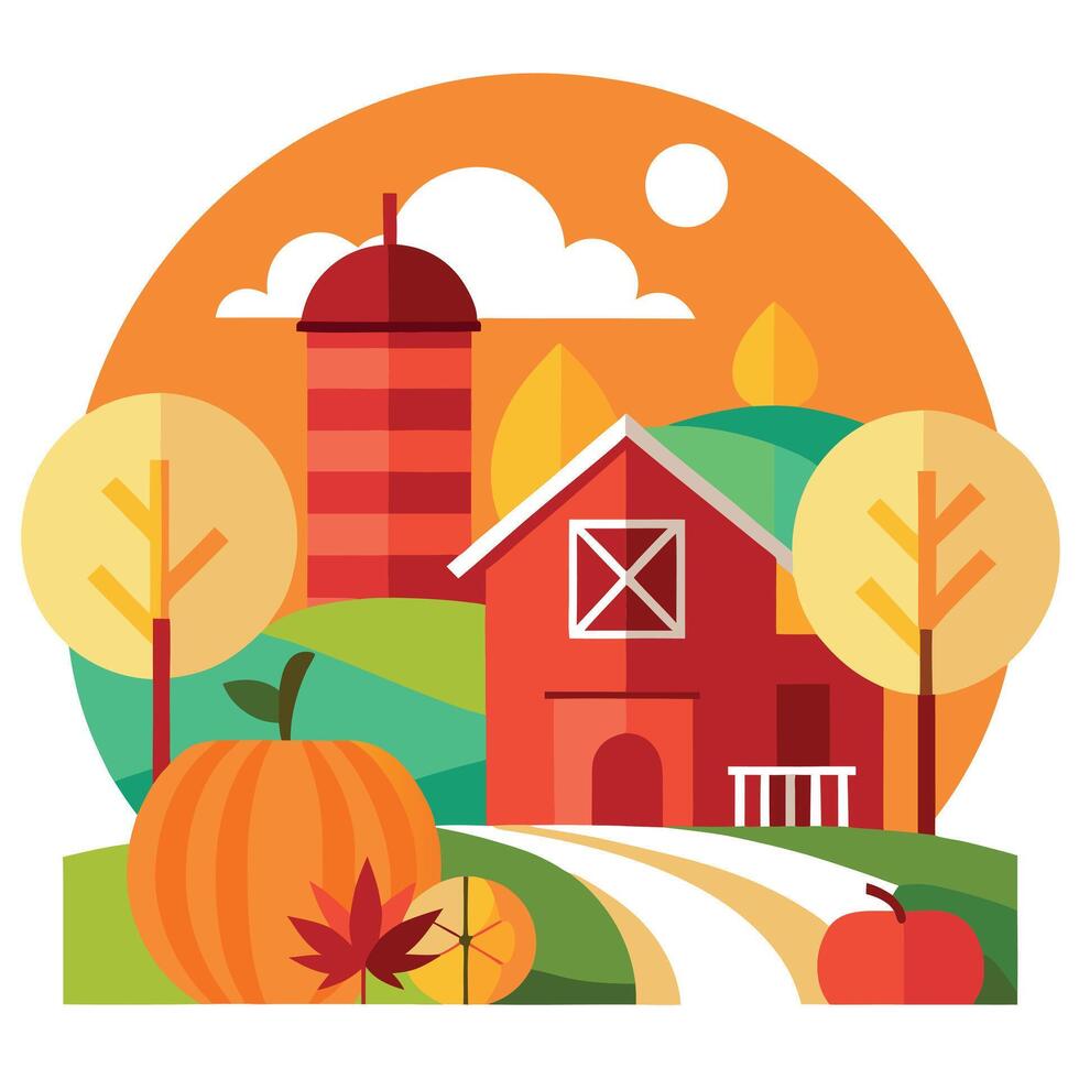 An illustration of a farm with pumpkins and a barn vector