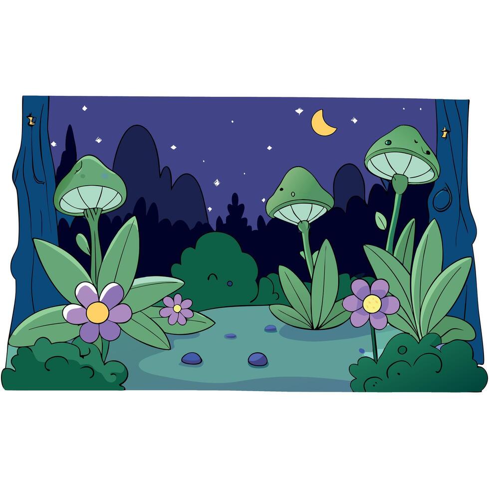 Illustration of night forest with mushrooms and flowers vector