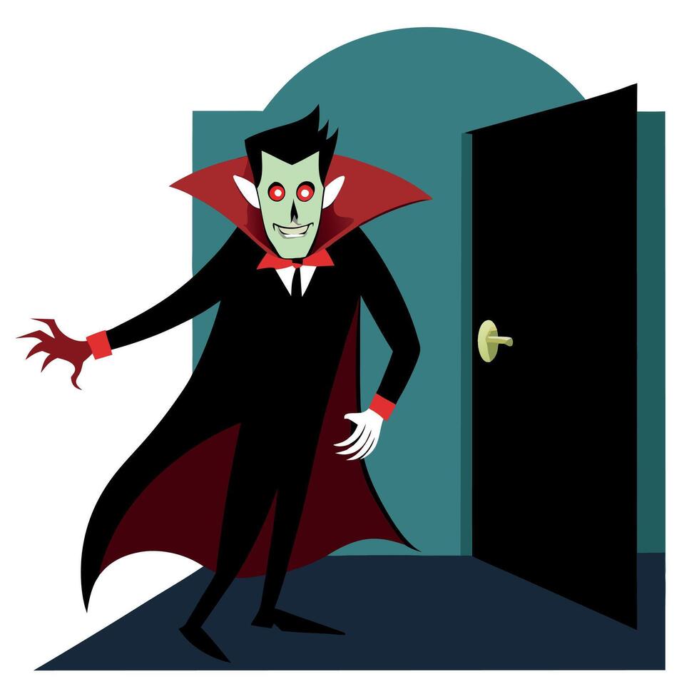 A cartoon vampire standing in front of a door vector