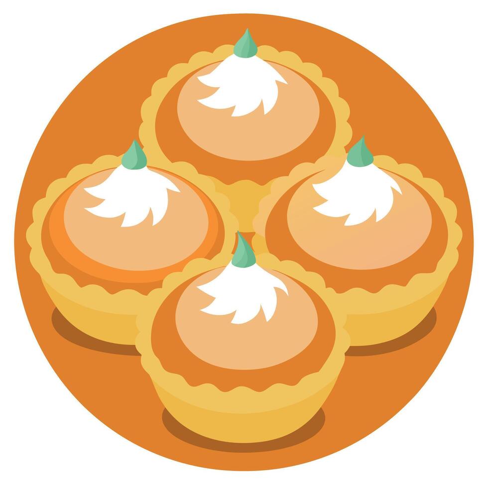 Four pumpkin pies with whipped cream on top vector