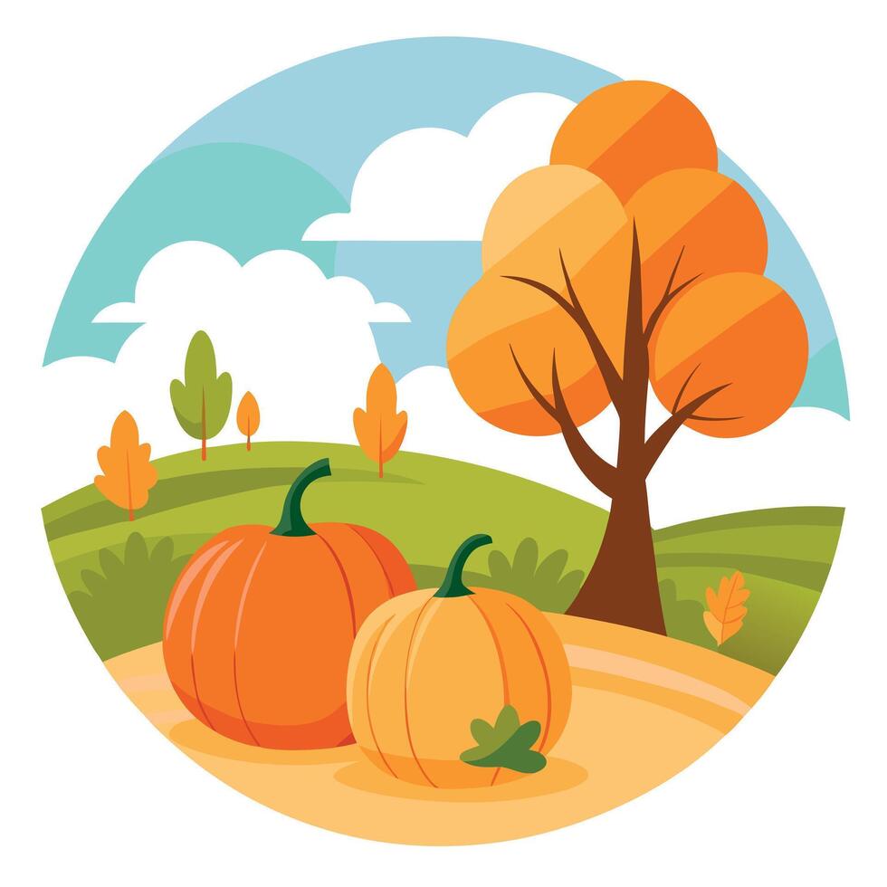 Pumpkins and trees in a field with a tree vector