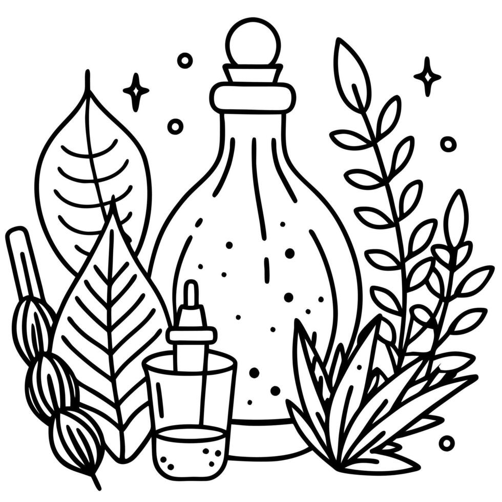 A bottle of perfume and leaves on a white background vector