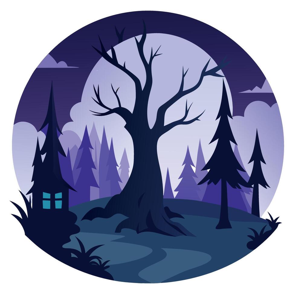 A cartoon illustration of a forest with a tree and a house vector