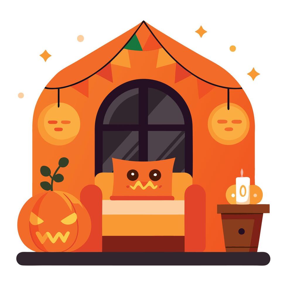 Halloween house with pumpkin and pumpkin head vector