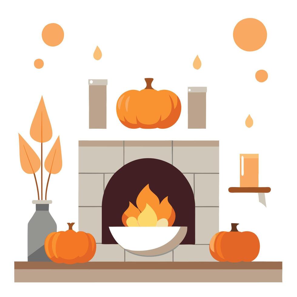 A fireplace with pumpkins and candles vector