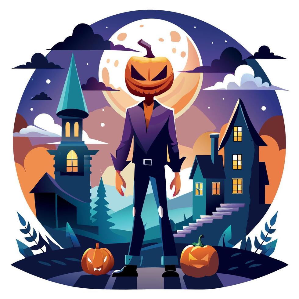 Halloween illustration with a scary man standing in front of a house vector