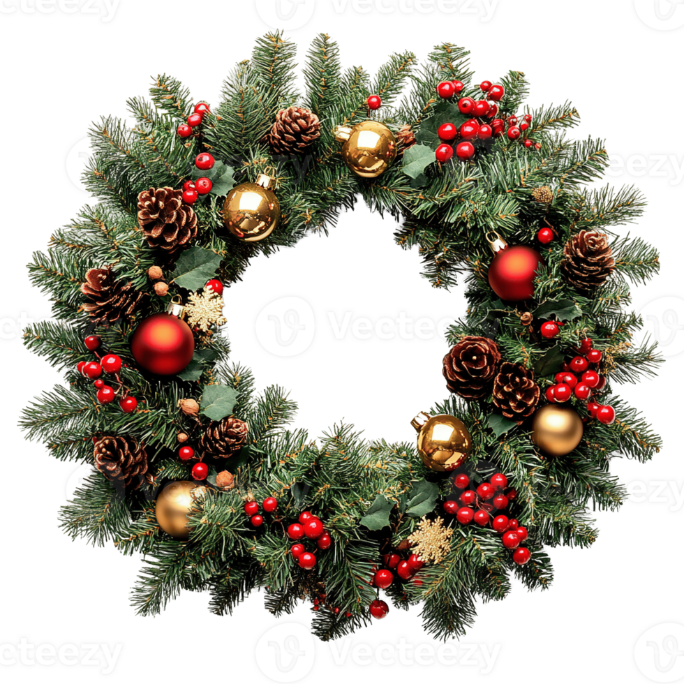 Classic christmas wreath with red berries and gold baubles isolated png