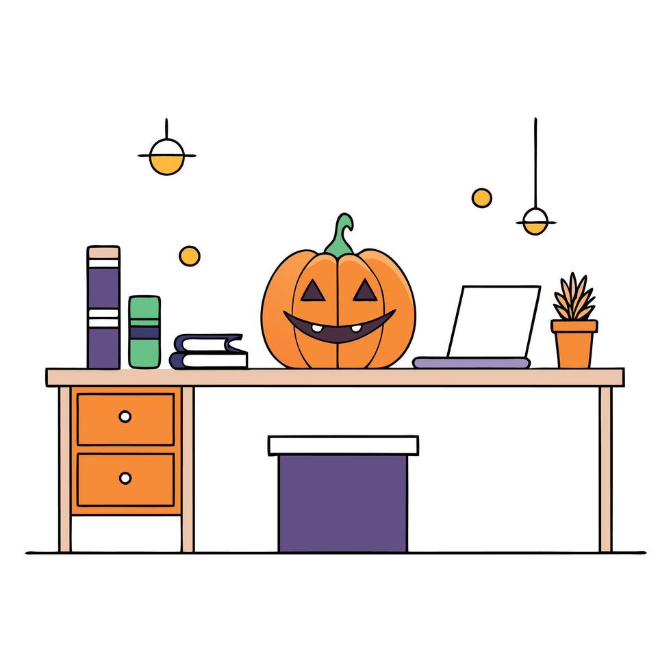 Halloween office desk with pumpkin and laptop vector