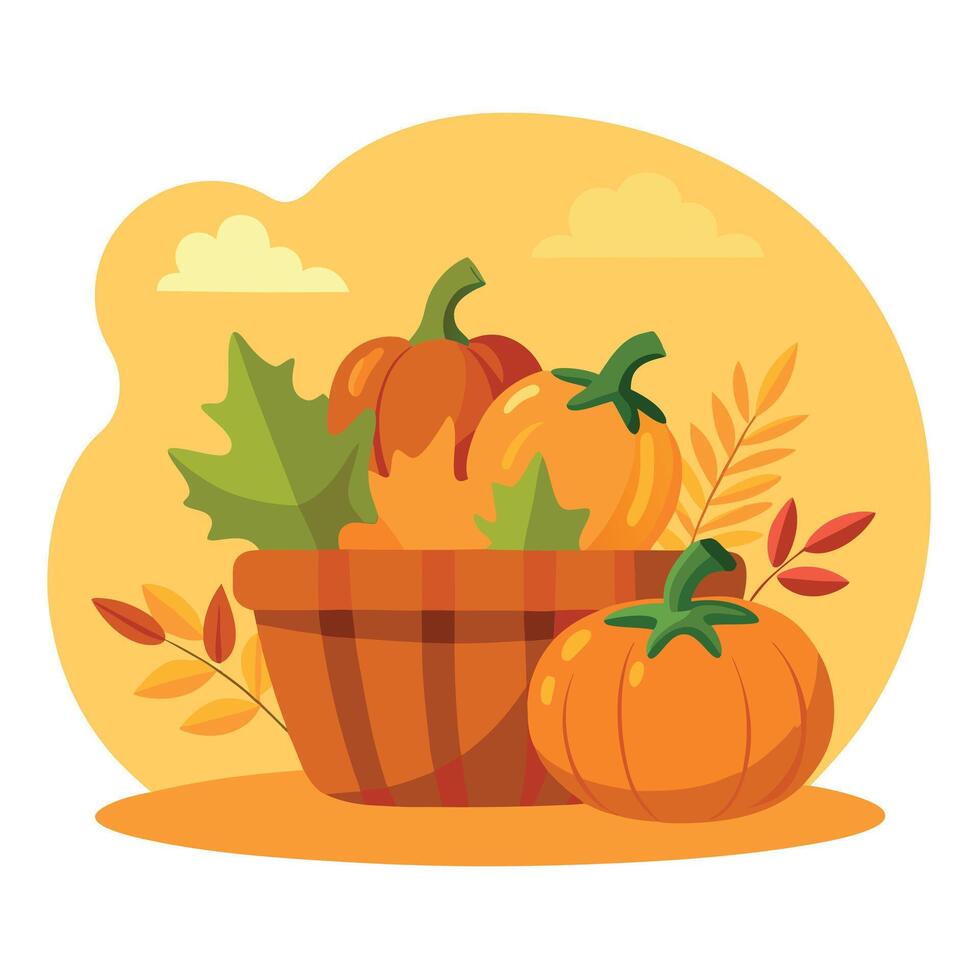 Pumpkins and leaves in a basket on a yellow background vector