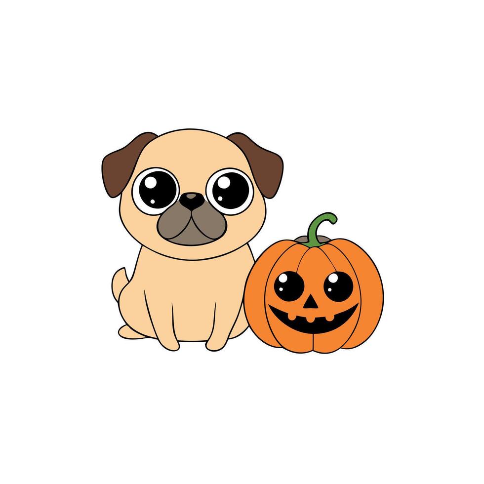 A cartoon pug dog sitting next to a pumpkin vector