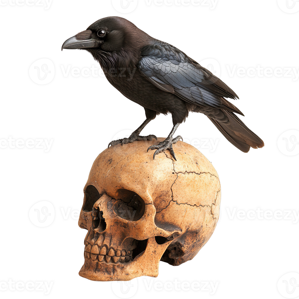 Raven with red eyes standing on a human skull png