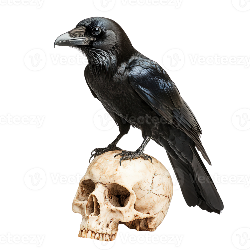 Black raven perched on a human skull isolated png