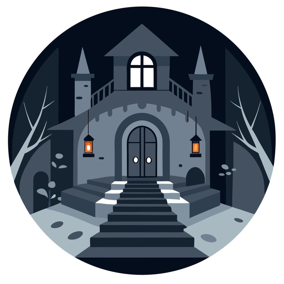 Halloween house with stairs and lanterns vector