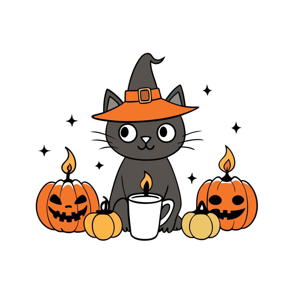 A cat in a witch hat is holding a cup of coffee vector