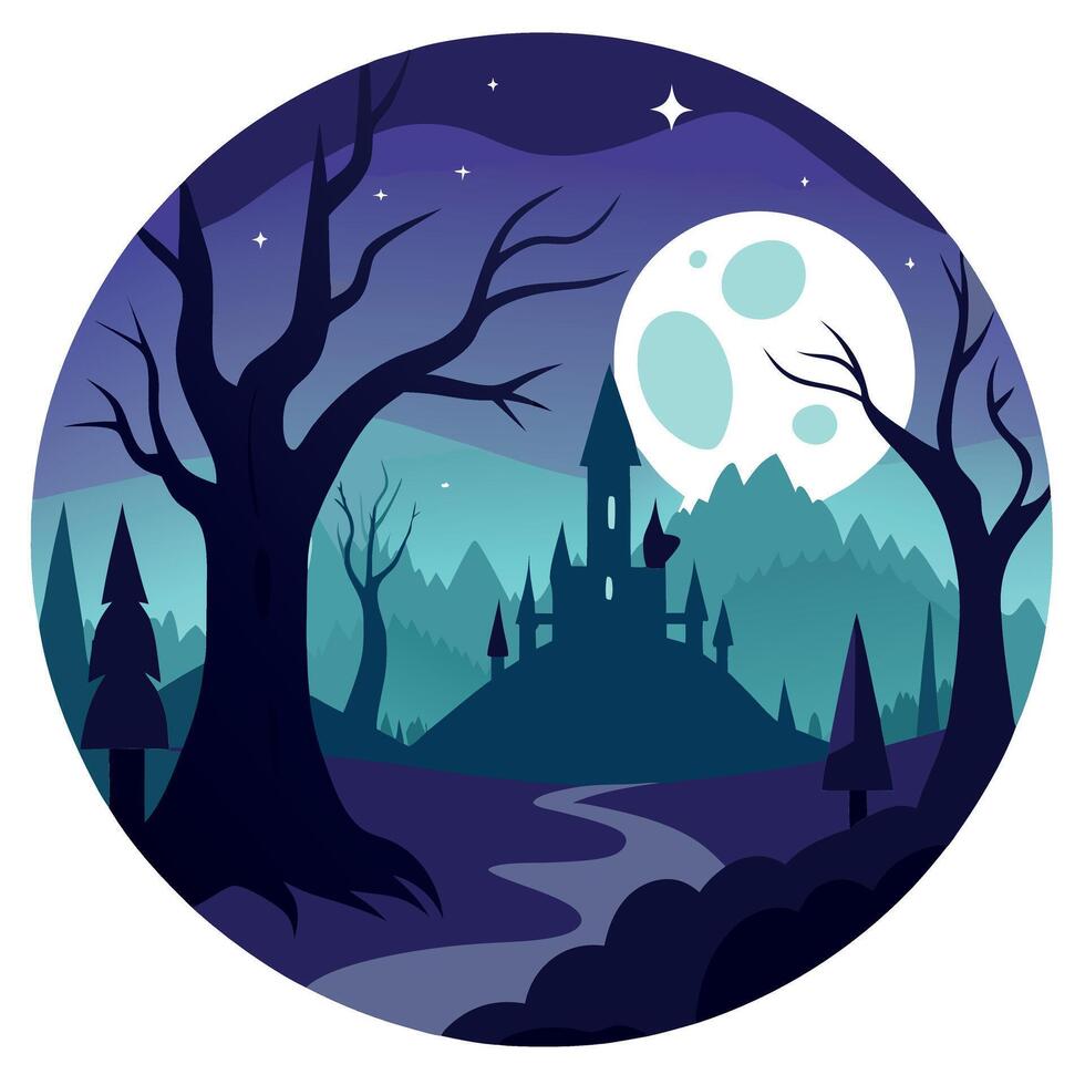 A cartoon illustration of a castle in the forest at night vector