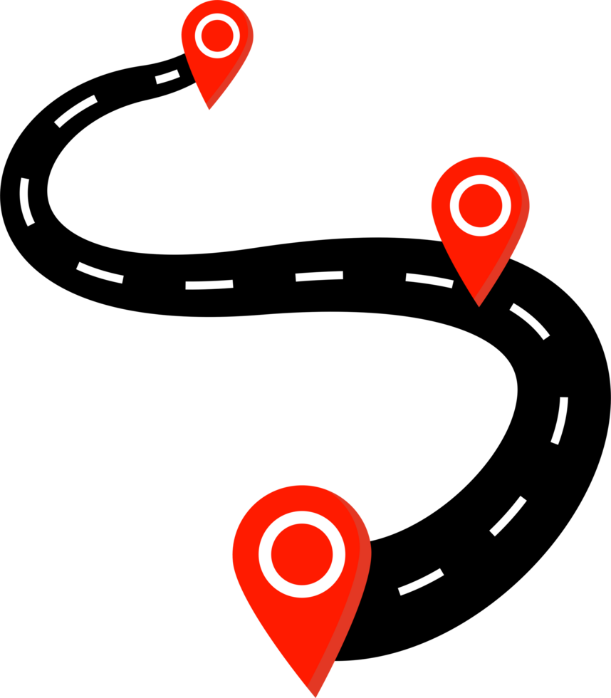 A map with red pins and a road png