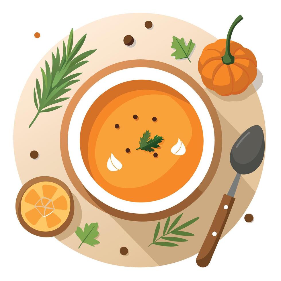 A bowl of soup with spices and herbs on a table vector