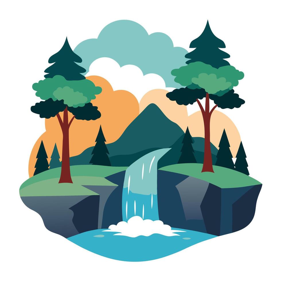 A cartoon illustration of a waterfall and trees vector