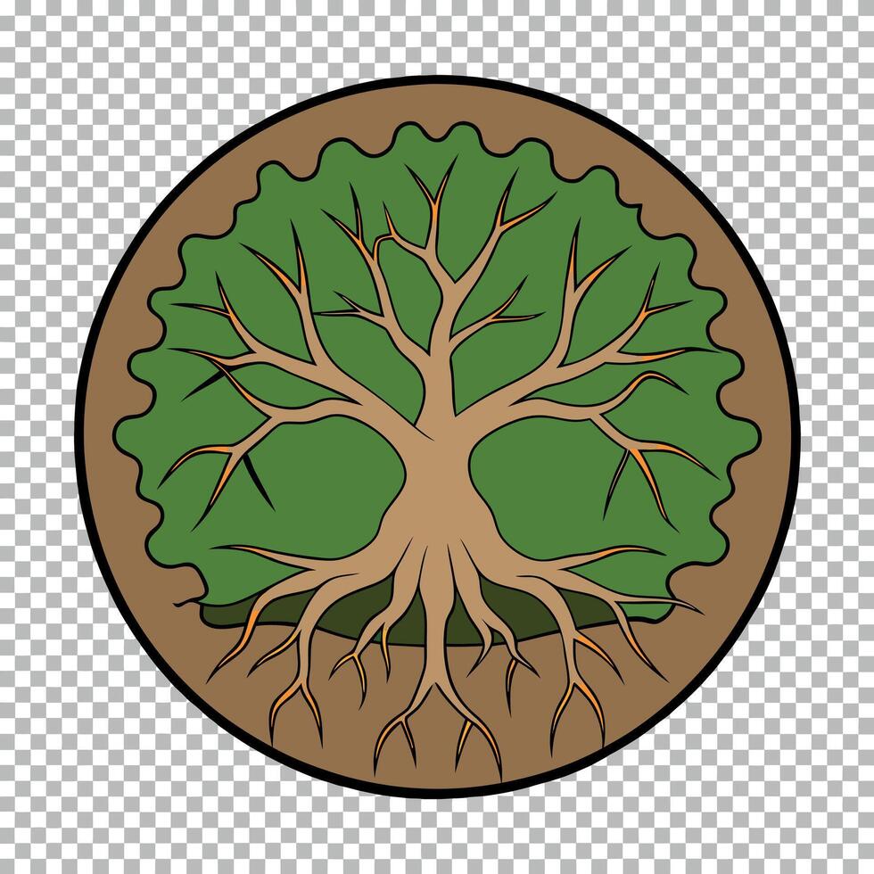 A tree with roots in a circle, with a green background vector