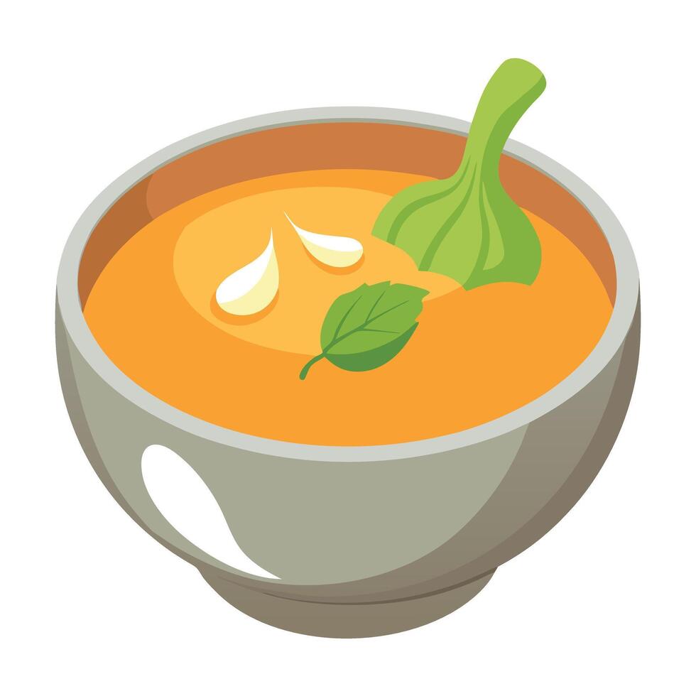 A bowl of soup with a spoon and a green leaf vector
