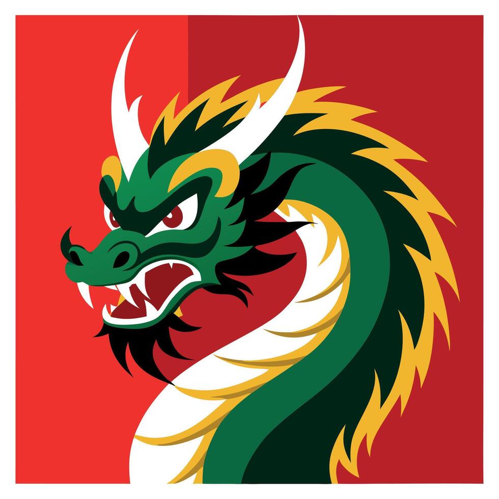 A green and yellow dragon head on a red background vector