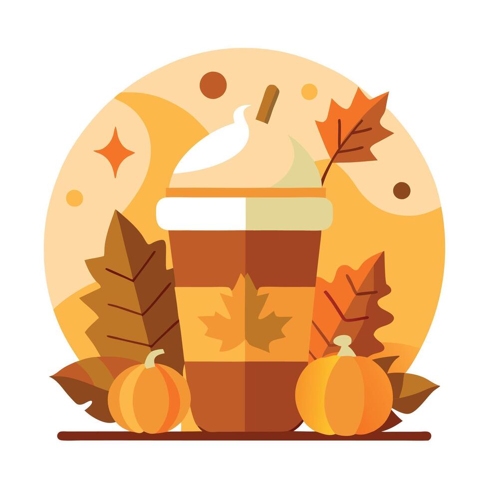 A coffee cup with autumn leaves and pumpkins vector