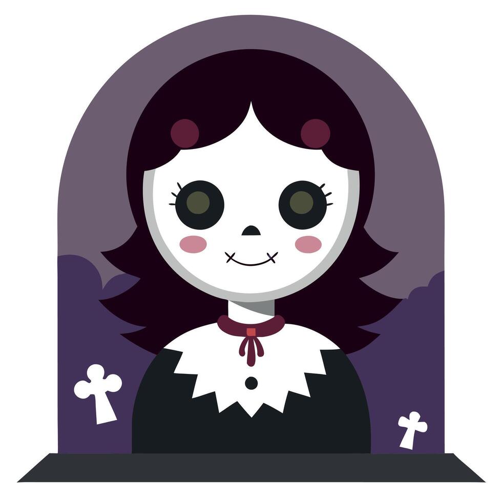 A cartoon girl with a skull face and black hair vector