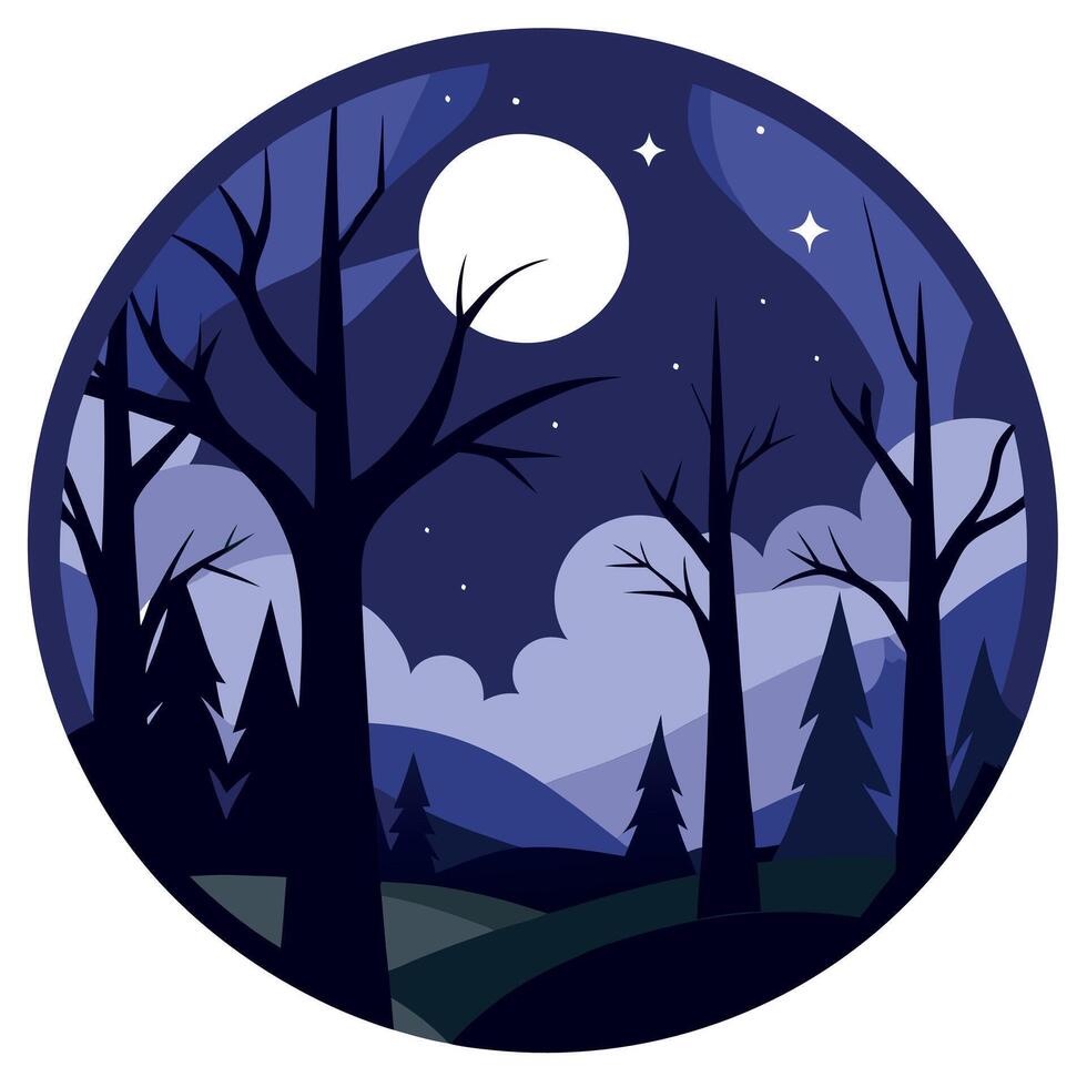 Night forest with moon and trees illustration vector