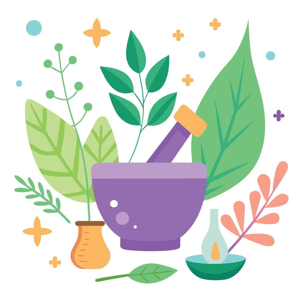 Illustration of herbs and mortar with leaves vector
