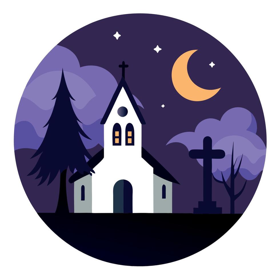 A church at night with a moon and trees vector