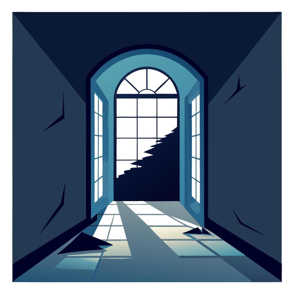 An open window in a dark room with a light coming through vector
