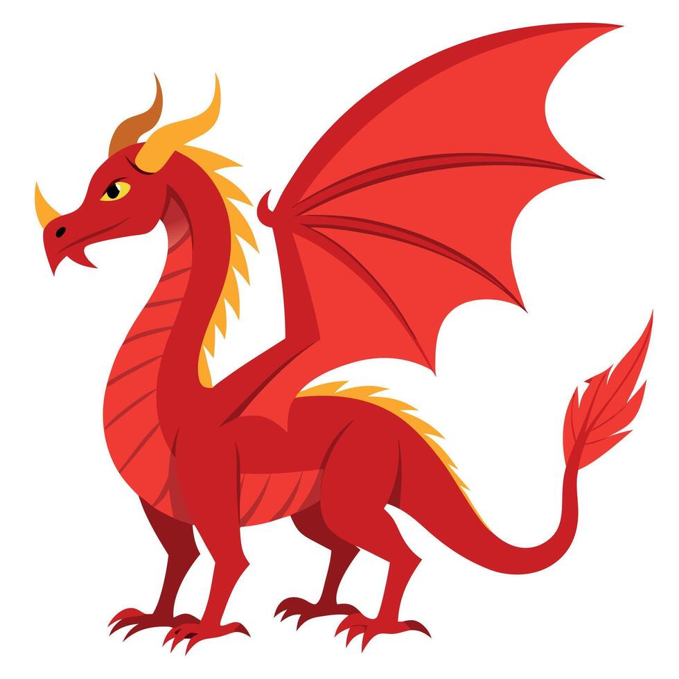 A cartoon red dragon with wings and tail vector