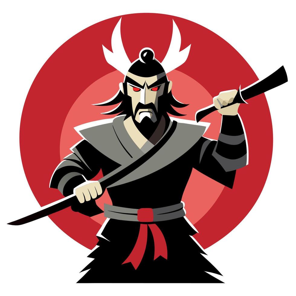 A cartoon samurai with a sword and red circle vector