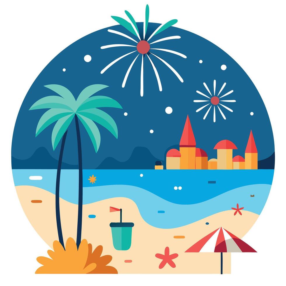 A beach scene with palm trees and fireworks vector