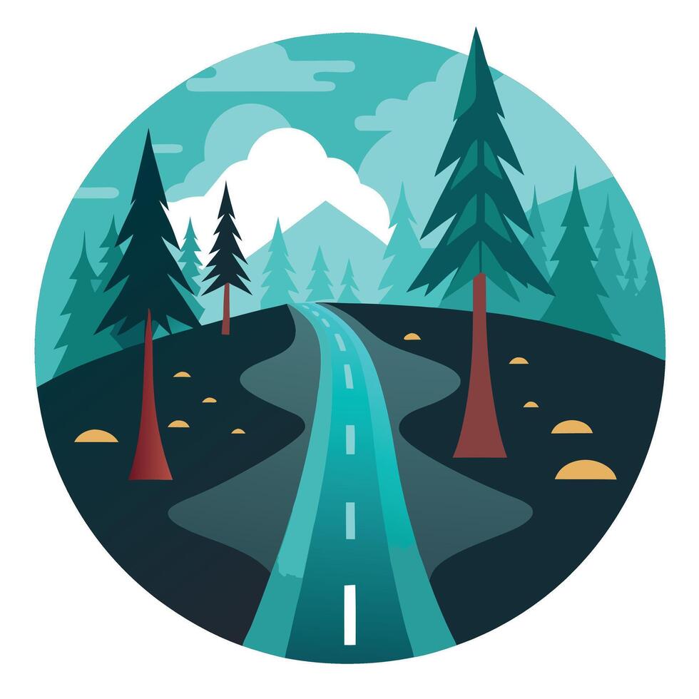 A road in the forest with trees and mountains vector