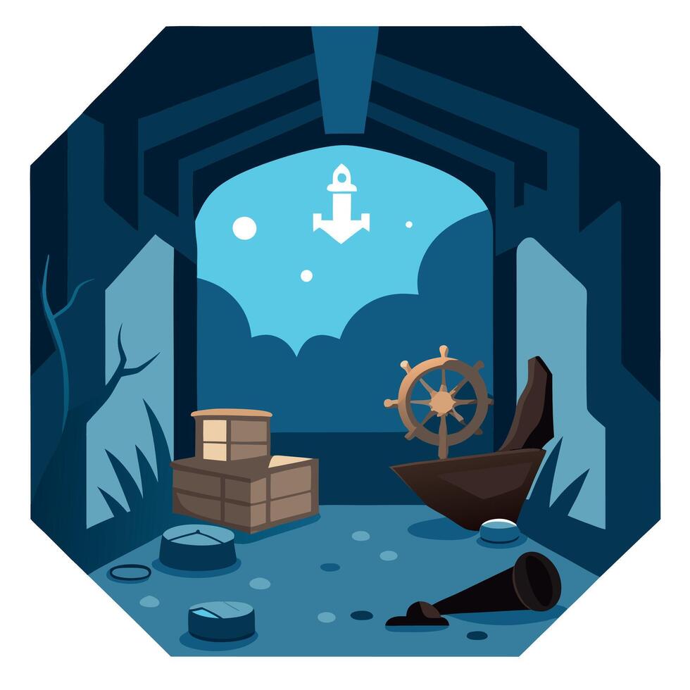 A pirate ship is sitting in a room with a ship wheel and other items vector