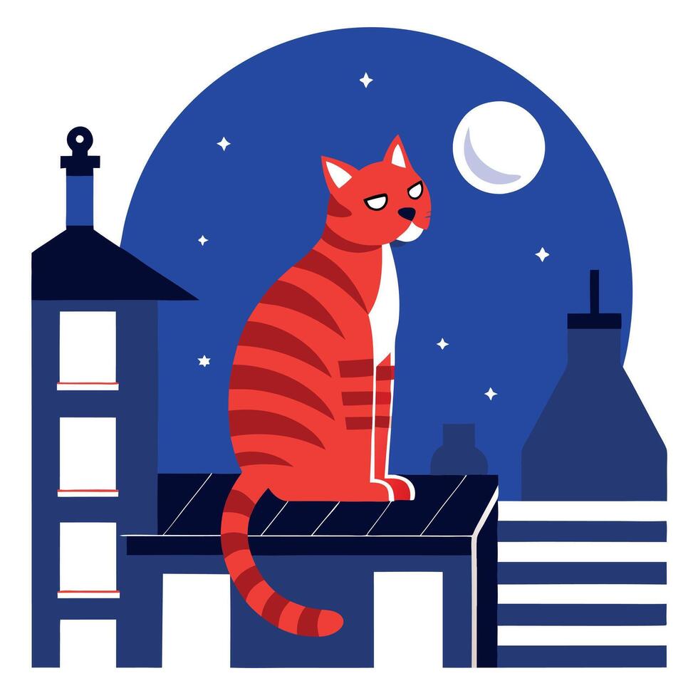 A red cat sitting on the roof of a building at night vector