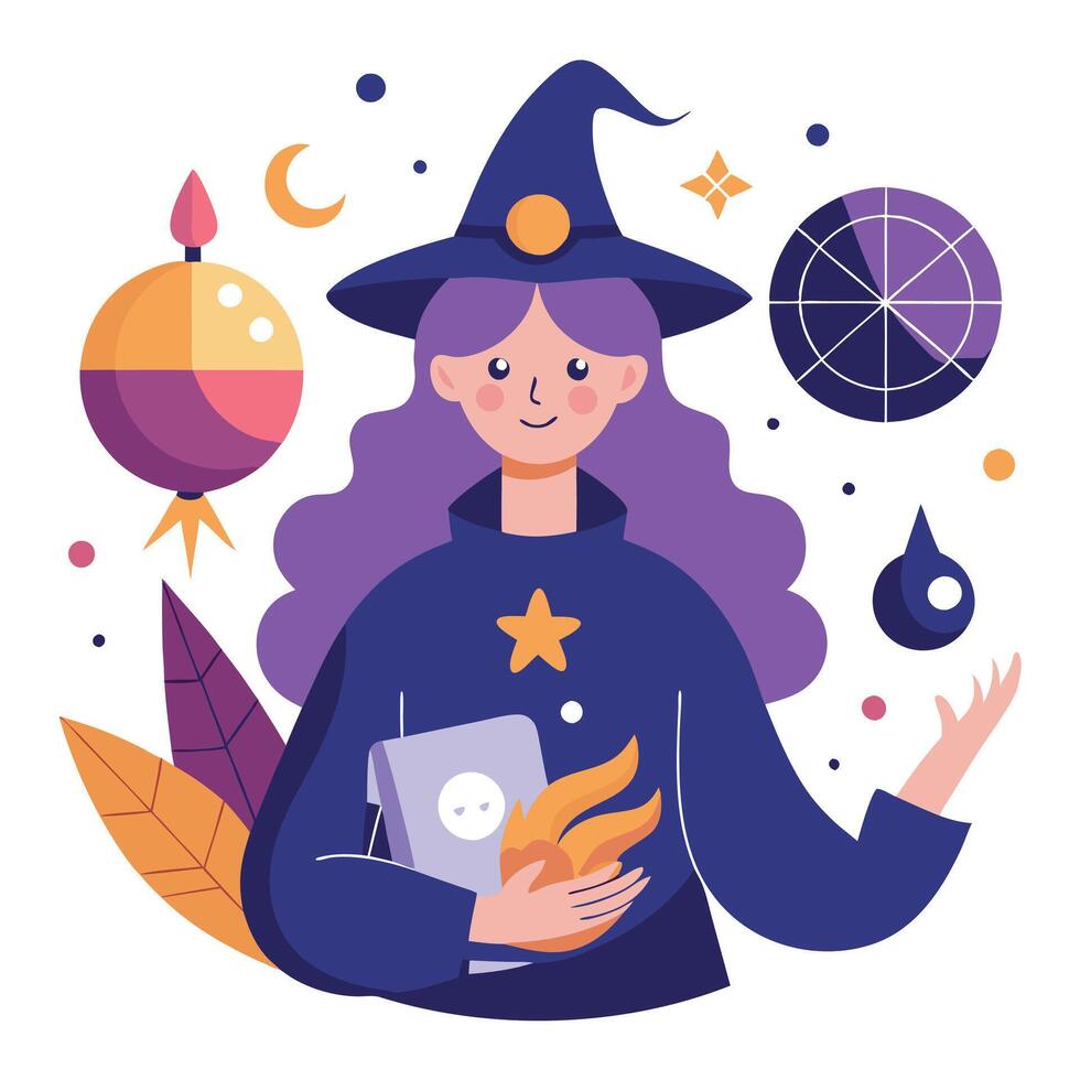 A woman in a witch costume holding a book and a hat vector