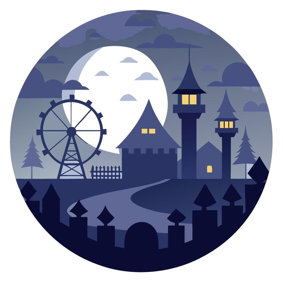 A night time scene with a castle and ferris wheel vector